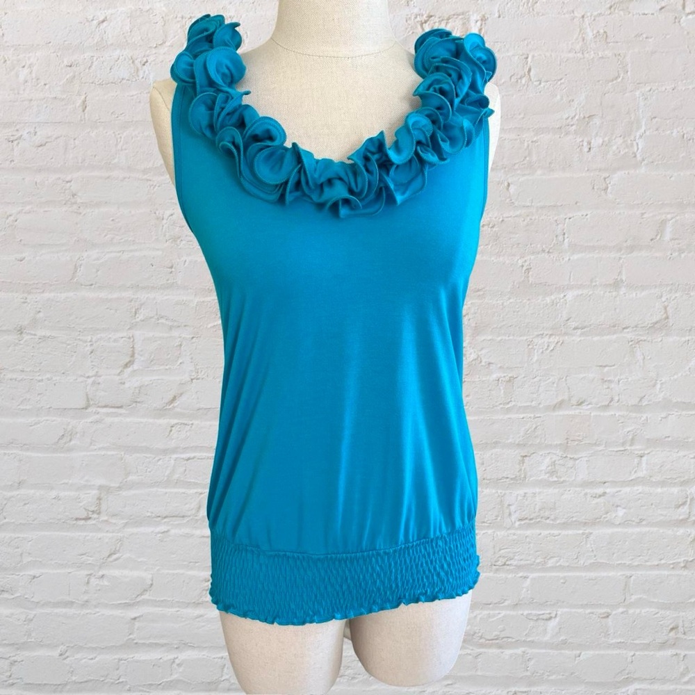 Lipstick Teal Blue Ruffled Sleeveless Tank